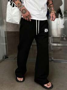 Men's Casual Pants With Letter Print And Drawstring Waist, Suitable For Daily Wear, Outing, And Sports - Black - View 7