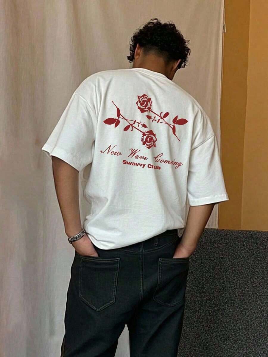 SWAVVY Camiseta casual de manga corta y talla grande para hombres con estampado gráfico artístico de rosa, esencial para el día a día Y2k Camiseta Camisa De - Negro - Ver 1
