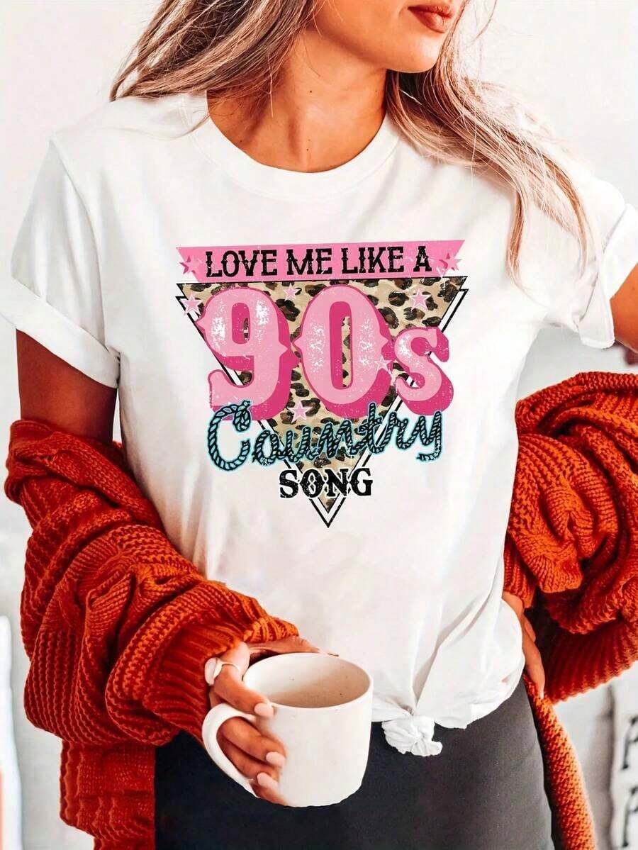 Camiseta con estampado de letras de música country de los 90s, estilo veraniego, de manga corta y cuello redondo, informal, adecuada para verano y primavera, ropa de mujer, conjuntos Y2Y-Spring para mujer, tops de verano, ropa de verano, tops. |   Diseño exquisito |   Suelto y cómodo |   Fácil de combinar | - Blanco - Ver 1