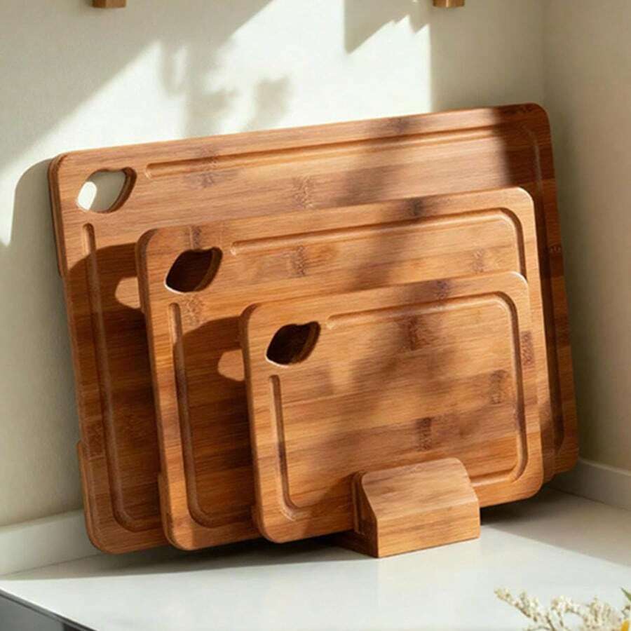 Tabla de cortar de cocina de bambú carbonizado con estante de almacenamiento de madera, tabla de cortar de doble cara con ranura para el jugo y mango ergonómico, amigable con los cuchillos, regalo de cocina