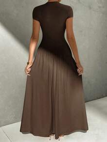 Vestido de línea A de manga corta, de cuello, ajustado, con bajo asimétrico, de uso diario, de estilo minimalista y elegante - Café integral - Ver 2
