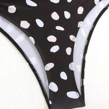 Asymmetrical Polka Dot Halter One Piece Swimsuit & Maxi Skirt Set For Women - Blanco y Negro - Ver 8