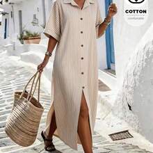Women's Spring And Summer Striped Shirt Dress, Suitable For Vacation, Daily Casual And Lazy Style. Women's Shirt Dress, Vertical Stripe Design, Single-Breasted Lapel, Short Sleeves And Slit Hem, Vacation Wear, Daily Casual Long Skirt, Lazy Style Women's Clothing, Lazy Skirt - Albaricoque - Ver 7