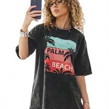 Nueva camiseta vintage lavada para mujer, de manga corta, corte ajustado, de algodón puro, estilo retro lavado, hombros caídos, longitud media, corte holgado. - Negro - Ver 6