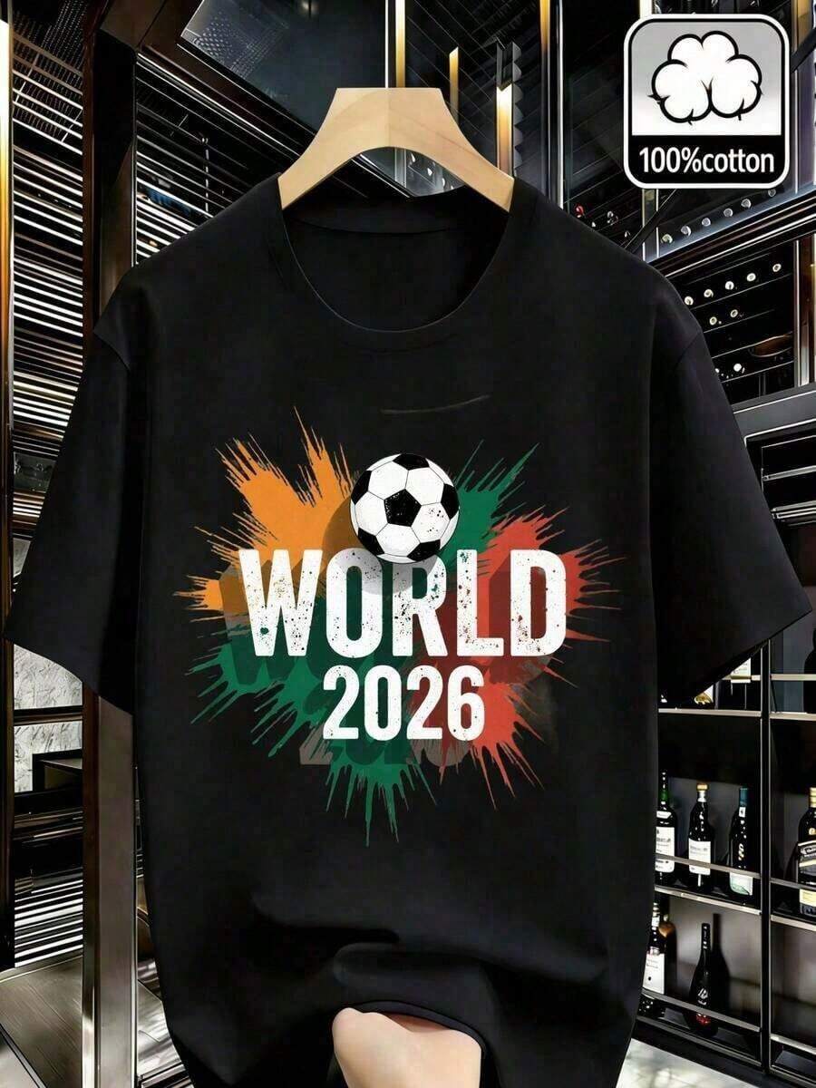 Camiseta% algodón Benito Cuenco% Camiseta de cuello redondo Balón de fútbol naranja-verde, MUNDIAL 2026 Impresión, Regalo Conmemorativo Patriótico, Cómodo y Transpirable, Moda de Calle Unisex Estilo Y2K, Atmosfera el día de Súperón 2026, El regalo para el amantes de deporte,benitoón, ¡súper! cuenco, blusas para mujer, camisetas el mujer, san Valentín, camiseta el hombre, camisas el hombre, regalos para aquí novio, ropa el hombre - Negro - Ver 1
