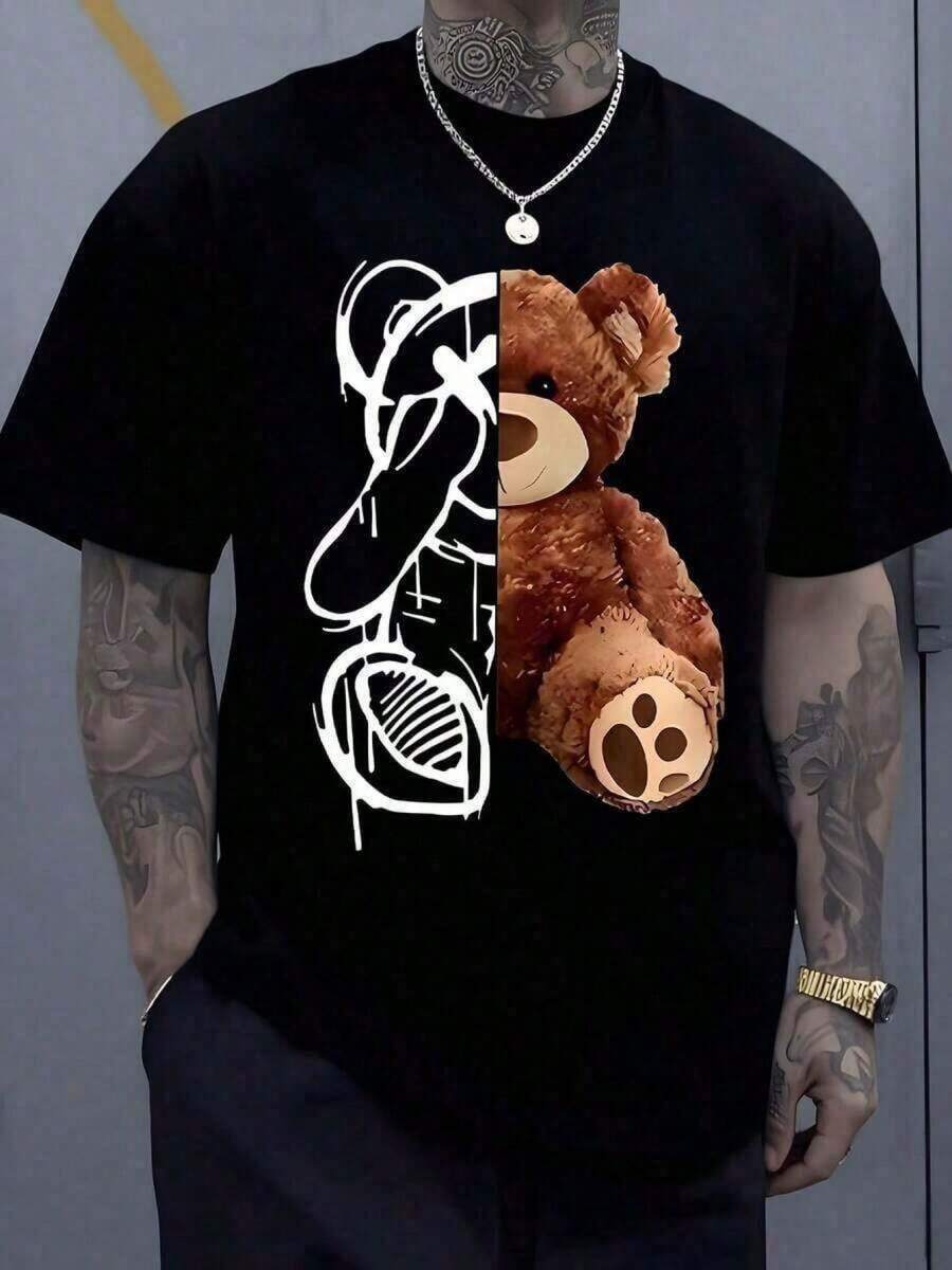 Half Teddy Bear With A Tender Expression And Half Urban Sketch With White Lines Symbolizing The Duality Between Softness And Strength, Creating A Unique Artistic Fusion. T-Shirt, 220g Cotton, VZE4 Z2B7 - 黑色 - 查看 1
