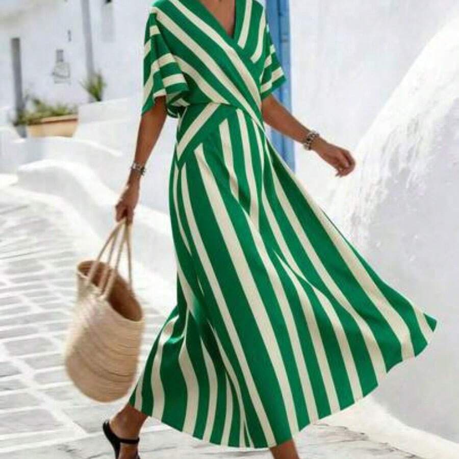 Holidaya Women's Yellow Striped Loose Vacation Spring/Summer V-Neck Fit-And-Flare Dress, Suitable For Vacation, Casual, Home And Daily Activities - Verde Limelight - Ver 1