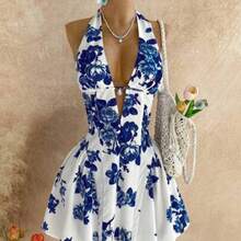 Women's Polka Dot V-Neck Hollow Waist A-Line Mini Dress, Suitable For Party, Christmas, Date, Nightclub, Bohemian, Boho, Vacation, Fall - Azul y blanco - Ver 1