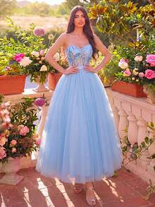 Faeriesty Camiseta corta con lentejuelas brillantes y dobladillo transparente contrastante, perfecta para homecoming, fiestas, bailes y eventos de verano, bodas y fiestas - Azul - Ver 1