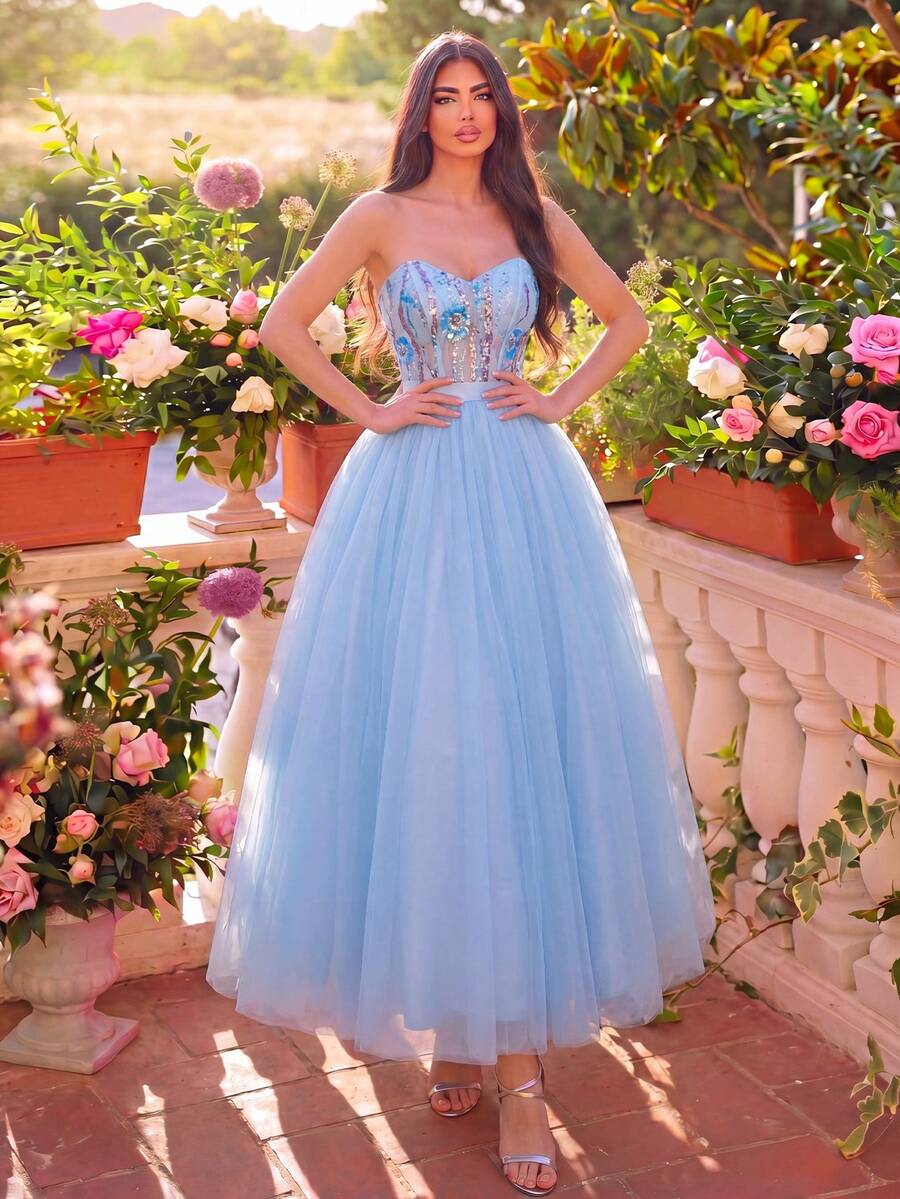 Faeriesty Camiseta corta con lentejuelas brillantes y dobladillo transparente contrastante, perfecta para homecoming, fiestas, bailes y eventos de verano, bodas y fiestas - Azul - Ver 1
