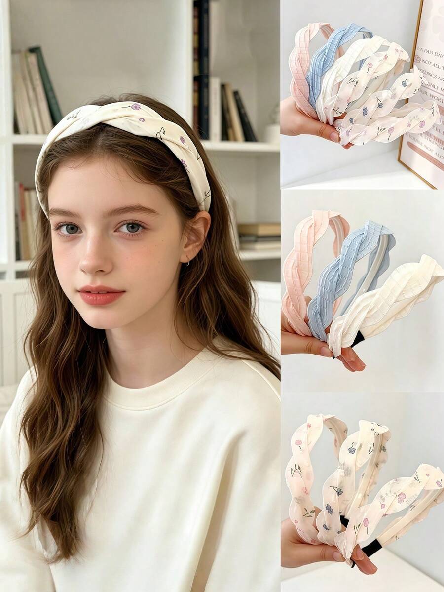 3pcs Soft Linen Woven Floral Plaid Headbands, Elegant Non-Slip Hair Hoops, Suitable For Girls Daily And Spring Outfits - Multicolor - View 1