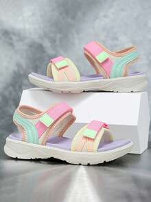 1 Pair Of Simple Color Flat Sandals Woven Hook And Loop Fastener Design Comfortable And Cool Unisex Suitable For Wearing In Summer - Pink - View 2