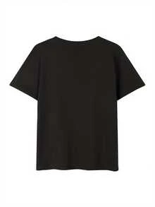 Camiseta ligera 100% para mujeres pequeñas - Corte holgado, transpirable y elástica, con estampados geométricos de moda, mangas cortas casuales, material cómodo, estilo versátil y textura suave, diseñada específicamente para tallas más pequeñas. - Negro - Ver 3