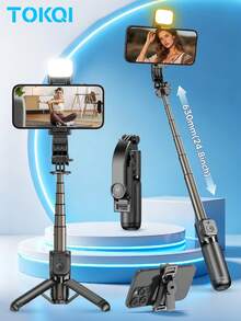 TOKQI Mini palo de selfie extensible con trípode, luz de relleno de 3 en 1 de colores, soporte de teléfono giratorio 360° y control remoto inalámbrico, de bolsillo para exteriores, vlog, transmisión en vivo y grabación de video - Negro - Ver 3