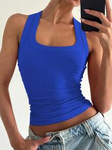Camiseta sin mangas cuadrada Floreya para mujer, top casual de verano de ajuste ceñido sin mangas para capas, sencillo pero elegante, estilo deportivo, versátil para todas las estaciones en color blanco - Agua verde azul - Ver 2