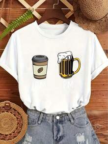 Oversize Extra grande Café de la mañana AM Cerveza de la tarde PM Patrón de impresión de letras en inglés Retro Simple Fresco Moda Primavera Verano Cuello redondo Camiseta de manga corta Casual Deportiva para mujeres - blanco - Ver 11
