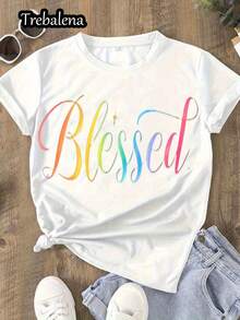 Camiseta negra casual de manga corta para mujer - Cuello redondo puro, lavable a máquina, ideal para primavera, verano y otoño, perfecta para uso diario| Diseño de texto único| Material suave y cómodo - Blanco - Ver 1