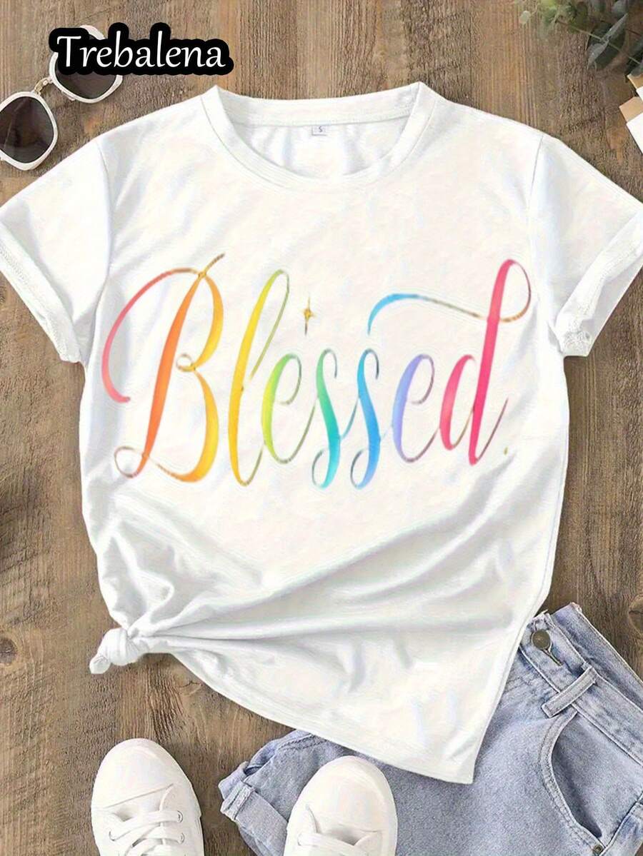 Camiseta negra casual de manga corta para mujer - Cuello redondo puro, lavable a máquina, ideal para primavera, verano y otoño, perfecta para uso diario| Diseño de texto único| Material suave y cómodo - Blanco - Ver 1