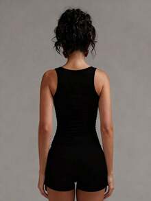 Women's Solid Color Casual Versatile Double-Layer Yoga High Stretch Fabric Sexy U-Neck Sleeveless Tank Top, Summer White - Black - View 5