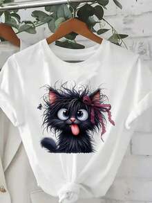 Women's Funny Fried Cat Cartoon T-Shirt with Playful Bow Butterfly Print  Women's Casual  Short Sleeve T Shirt Clothing Top Tee playeras para mujer,playeras deportivas para mujer,tops deportivos para mujer,blusa mujer,camisas para hombre,unisex - Blanco - Ver 1