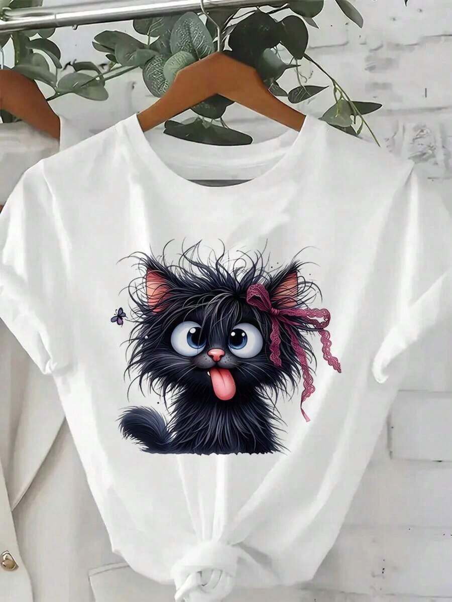 Women's Funny Fried Cat Cartoon T-Shirt with Playful Bow Butterfly Print  Women's Casual  Short Sleeve T Shirt Clothing Top Tee playeras para mujer,playeras deportivas para mujer,tops deportivos para mujer,blusa mujer,camisas para hombre,unisex - Blanco - Ver 1