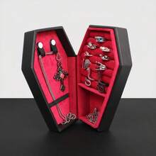 Gothic Coffin Jewelry Storage Box, Black With Red Embossed Design, Portable Jewelry Organizer For Rings, Necklaces & Earrings, Perfect Goth & Alt Gift - Multicolor - View 10