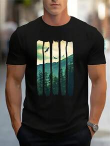 Camiseta con Estampado Gráfico de Bosque para Hombre, Manga Corta Casual, 1 Pieza, 100% Algodón Pesado - Cuello Redondo Cómodo, Camisetas Suaves y Adorables - Negro - Ver 2