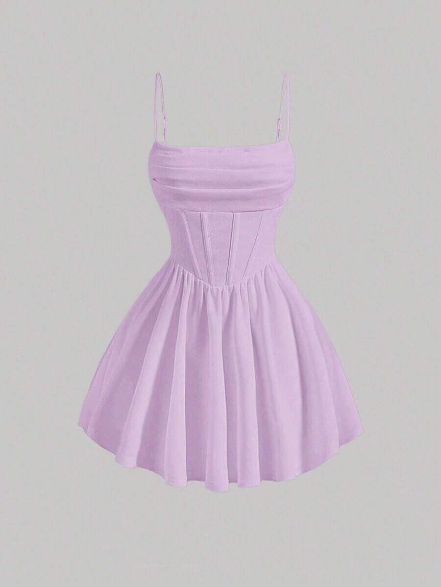 Elegante vestido de tirantes con fruncido en la cintura de color liso - Púrpura malva - Ver 1