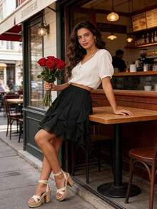 Women's Summer Mini Skirts High Waisted Chiffon Flowy Ruffle Basic Casual Short Skirt - Black - View 6