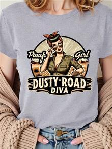 Highway Beauty: The Charm Of Vintage Women On The Dusty Highway - A Vibrant Sports T-Shirt For Women's Fashion And Leisure - Comfortable Short-Sleeved Crew Neck T-Shirt For All Seasons - 淺灰色 - 查看 8