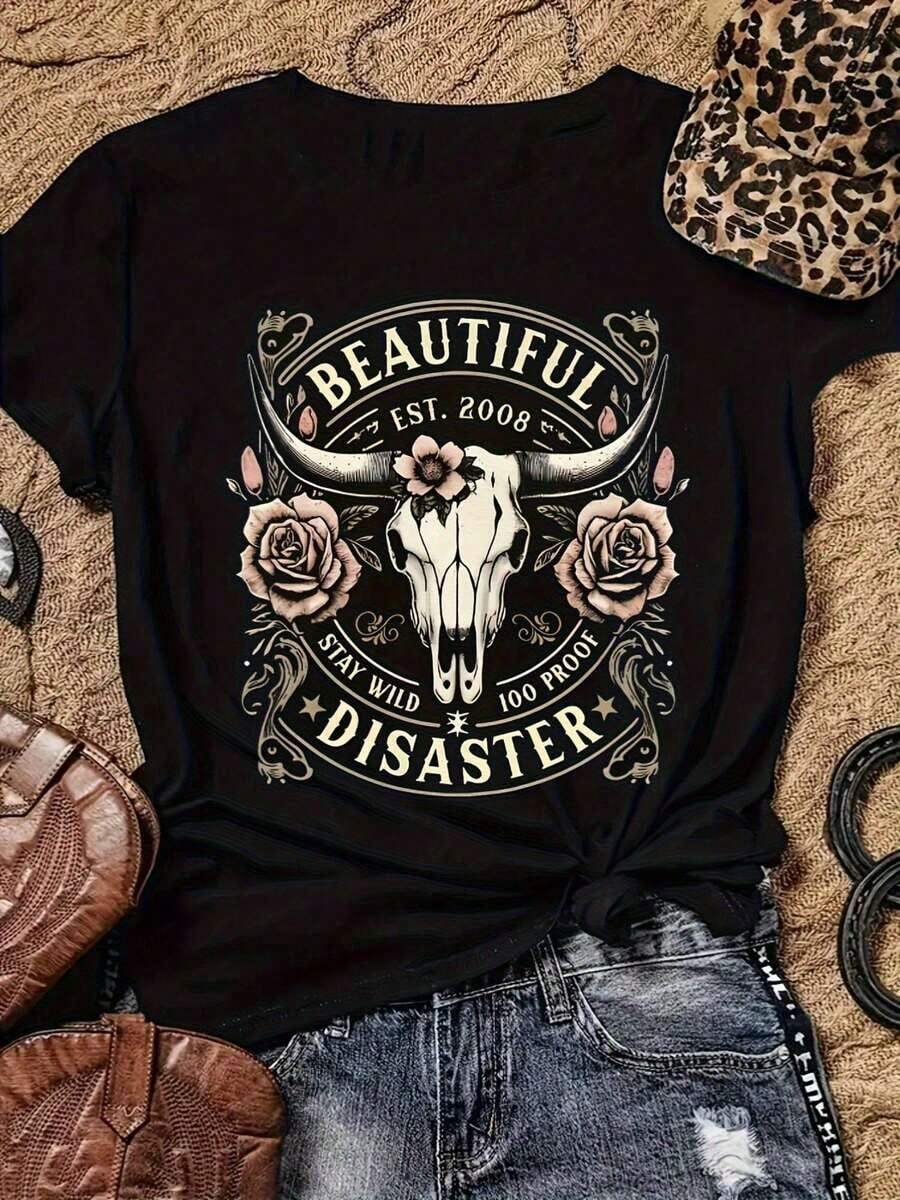 1 Piece Women's Wild Beauty Graphic T-Shirt With Cow Skull And Rose Print, Black, Short Sleeve, Round Neck, Casual Style, Medium Elasticity, Machine Washable, For Spring And Summer, Cow Print Clothing, 210g, 100% Cotton, Designs Are Printed. Unisex. - 黑色 - 查看 1