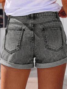 Women's Casual Blue Denim Shorts With Button Details And Rolled Hem, Non-Stretch Fabric, Suitable For Daily Wear Summer - Light Grey - View 4