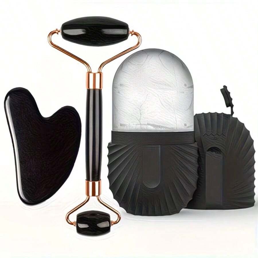 Bộ lăn đá lạnh chăm sóc da mặt (1/2/3 món), dụng cụ massage mặt Gua Sha, màu be nhạt, dụng cụ làm đẹp, con lăn massage nâng cơ mặt, khay đá viên tái sử dụng. - màu đen - Xem 1