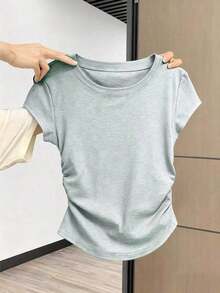 Camiseta de mujer de manga corta de cuello redondo y unicolor, minimalista y de moda para el verano - Gris Claro - Ver 1