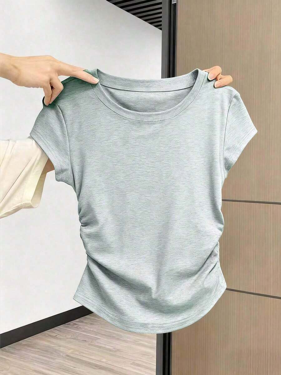 Camiseta de mujer de manga corta de cuello redondo y unicolor, minimalista y de moda para el verano - Gris Claro - Ver 1