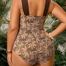 Swim Vcay Plus Size Women's One-Piece Vintage Palm Leaf Print High-End Swimsuit, Beach Resort Vacation Summer - Burdeos - Ver 3