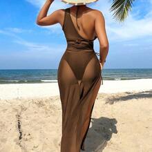 Swim Vcay Summer Beach Mono Bikini Set Halter Triangle Bra & Bikini & Drawstring Cutout Side Cover Up Dress 3 Piece Swimwear - Café integral - Ver 3