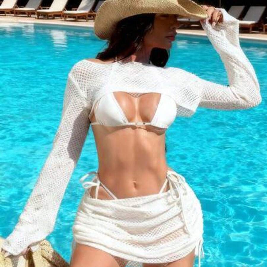 Swim 4pcs/Set Women's Sexy Bikini Set With Red Mesh Fabric And Solid Burgundy Design, Beach Swimwear Vacation Two Piece Set Beach Two Piece Set Cream Two Piece Set White Cover Up Swimsuit Swim Cover Up Set - Blanco - Ver 1