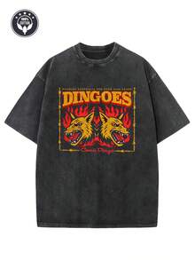 Camiseta de Mujer y Hombre de 250 g/m² con Lavado Vintage - Estampado Gráfico de es Inspirado en el Outback Australiano, Corte Holgado con Hombros Caídos, Ropa Urbana Retro Unisex con Estampado de Canguro y es, Ideal para Uso Casual y Festivales (Lavable a Máquina) - Comodidad para Todas las Temporadas, Cuello Redondo, Manga Corta, Textura Lavada Desgastada, Diseño Atrevido de  y Llama, Corte Relajado para Conciertos y Fiestas, Camiseta Unisex, Camisetas para Mujer, Camiseta para Hombre de Alta Calidad - Negro - Ver 1