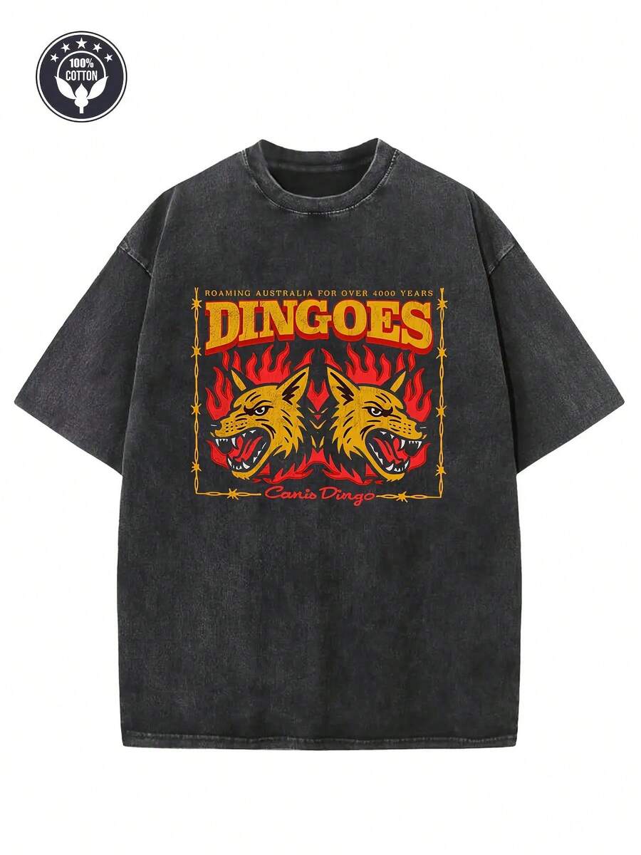 Camiseta de Mujer y Hombre de 250 g/m² con Lavado Vintage - Estampado Gráfico de es Inspirado en el Outback Australiano, Corte Holgado con Hombros Caídos, Ropa Urbana Retro Unisex con Estampado de Canguro y es, Ideal para Uso Casual y Festivales (Lavable a Máquina) - Comodidad para Todas las Temporadas, Cuello Redondo, Manga Corta, Textura Lavada Desgastada, Diseño Atrevido de y Llama, Corte Relajado para Conciertos y Fiestas, Camiseta Unisex, Camisetas para Mujer, Camiseta para Hombre de Alta Calidad - Negro - Ver 1