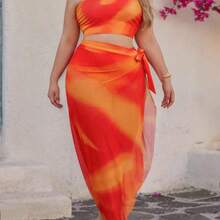 Swim Oasis Plus Size Women's High-End Oasis 3-Piece Set: Yellow Ombre Print One-Shoulder Pleated High-Waist Pants Suit With Ombre Placement Print Mesh Skirt, Summer Beach Resort - Multicolor - Ver 9