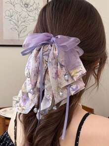 1pc Fairy Style Multi-Layer Mesh Floral Bow Ponytail Clip, Purple Ribbon Bow Hair Clip, Crystal Pendant Claw Clip, Matching Summer Outfits, Suitable For Daily/Vacation Wear, Women Fashion Hair Accessories - Multicolor - View 4