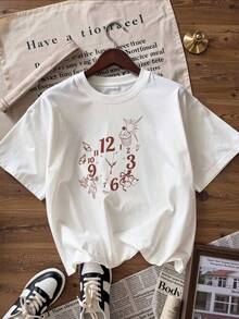 Camiseta de Manga Corta con Reloj y Detalles de Cupcake y Conejo,Camiseta de manga corta de moda para primavera y verano de 2026, hecha en México, 180 gramos. Estampado de dibujos animados, modelo de pareja, apta para uso interior o exterior. Cuello redondo, unisex, ideal para oficina y ocio. Paquete de una pieza. - WH-P631577SLNDXZGY406 - Ver 3