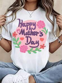 Camiseta de Algodón con Estampado Floral de Corazones para el Día de la Madre, Cuello Redondo, Tela Suave y Cómoda, Elástica, para Uso Diario Casual, Primavera, Verano, Otoño, Invierno, Regalo para las Fiestas - Negro - Ver 10