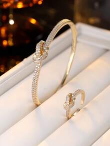 1 Set French Design Knotted Bracelet And Ring 2 Pieces Set, Luxury Elegant Open Cuff Jewelry Set, Versatile Daily Wear - Bracelet Ring Set - View 7