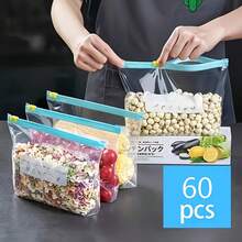 60入可重複使用加厚夾鏈塑膠食品儲存袋,透明材質,多尺寸密封冷凍袋,附日期標籤,廚房多用途 - 查看 9