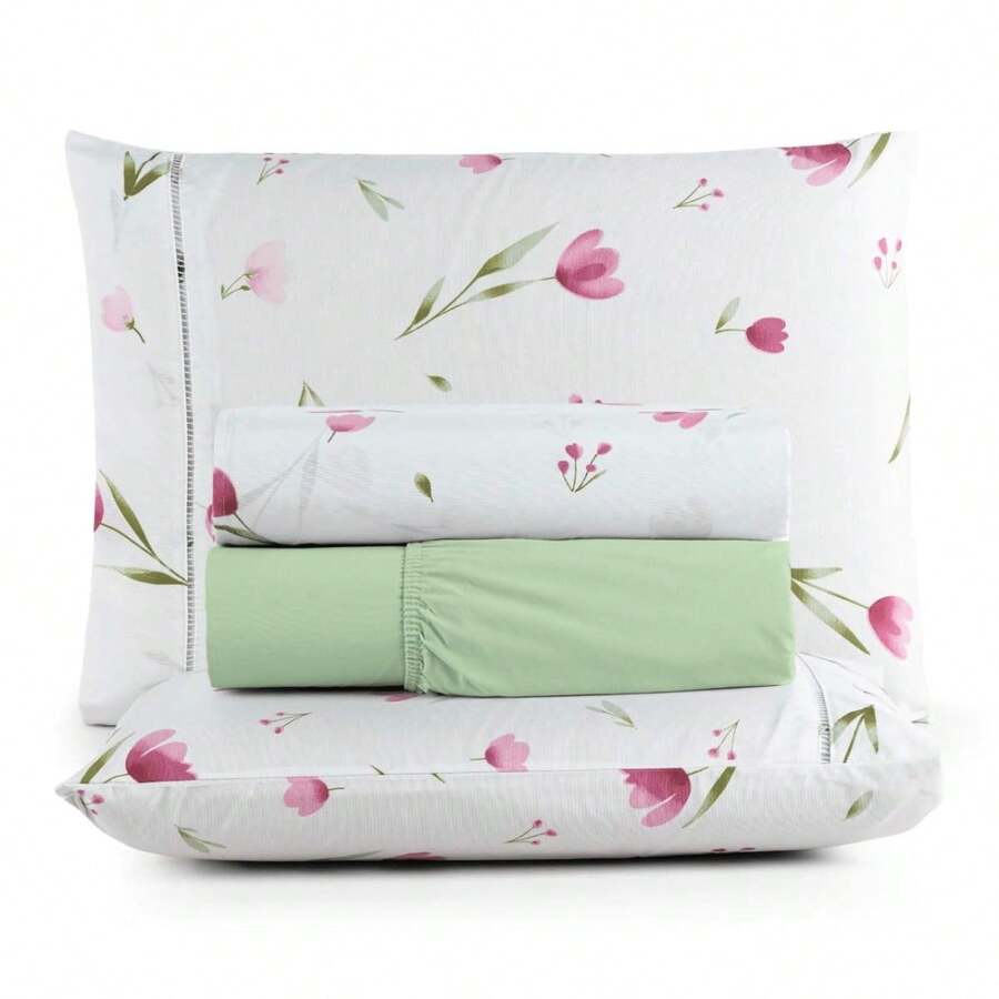4-Piece Printed Sheet Set For Double Bed, 180 Thread Count, 100% Cotton, Soft Touch - Pink Tulips - View 1