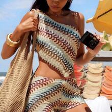 Swim Vcay Women's Rainbow Wave Pattern Halter Backless Tie Bikini Set With Shorts, Beach Party Holiday 2-Piece Outfit - Multicolor - Ver 2