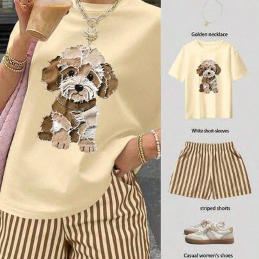 Set de 2 piezas de conjunto casual de verano para mujer con camiseta estampado de limón y shorts a rayas - Caqui - Ver 1