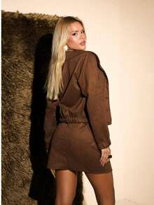 Women's Suede Country Western Set: Jacket And Short Skirt With Slit, High Waist, Elegant Party/Rodeo Style - Rust Brown - View 2